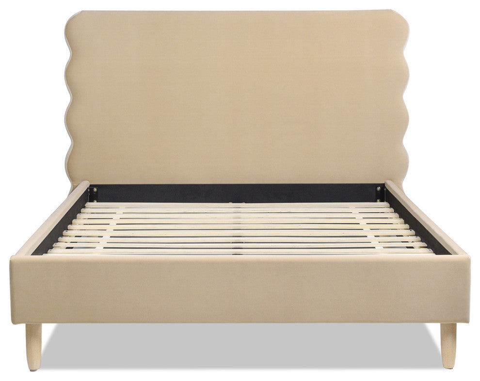 Stockholm Modern Wavy Headboard Platform Bed, Fawn Brown Performance Velvet, Queen