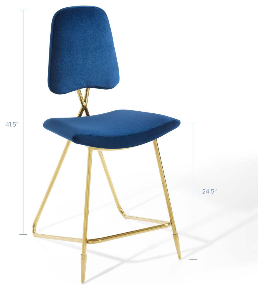 Counter Stool Chair, Set of 2, Velvet, Metal, Blue Navy, Modern, Bar Pub Bistro