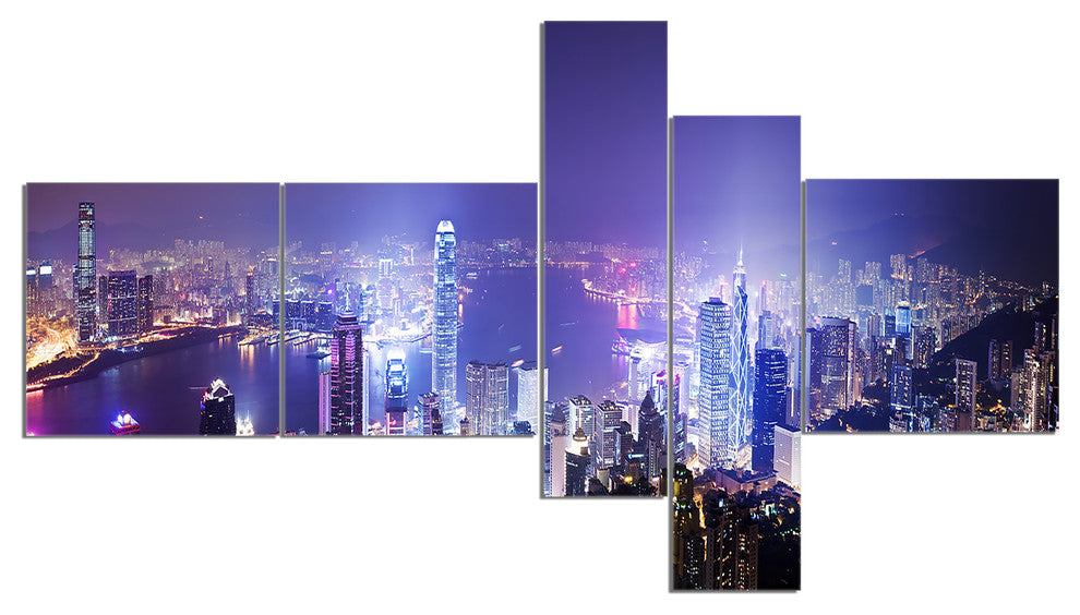 Hong Kong Night City, Cityscape Photo Canvas Art Print, 60"x32", 5 panels