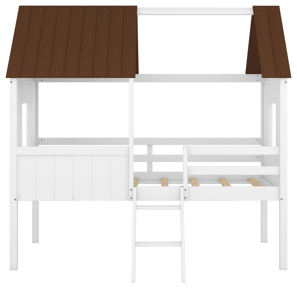 Gewnee Twin Size Low Loft Wood House Bed with Two Side Windows