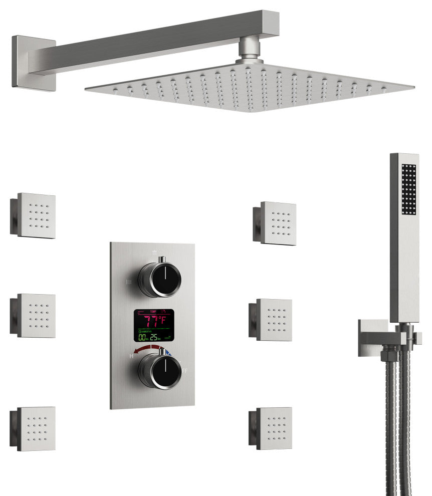 LED Temperature Digital Display Shower System With Body Jets, Brushed Nickel, 12 Inches