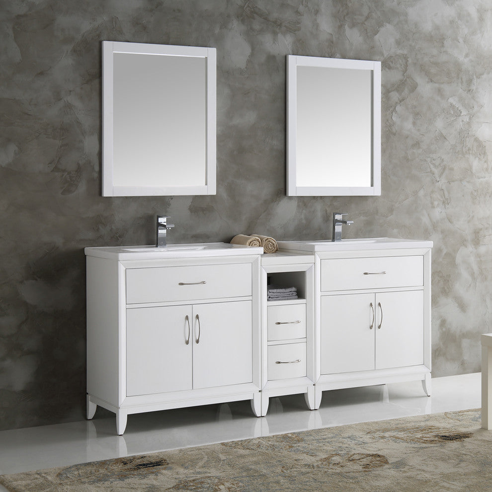 Cambridge 72" White Double Sink Traditional Vanity With Mirrors, FFT1030BN