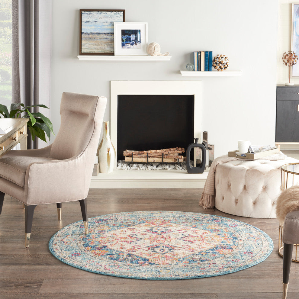 Nourison Passion 4' x Round Ivory/Light Blue Bohemian Indoor Area Rug