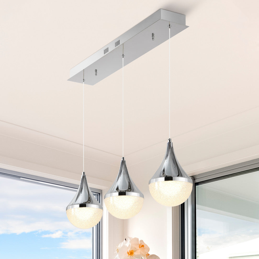 Elyse Teardrop 3-Light Iron/Acrylic Linear Pendant, Chrome/White, Width: 33"