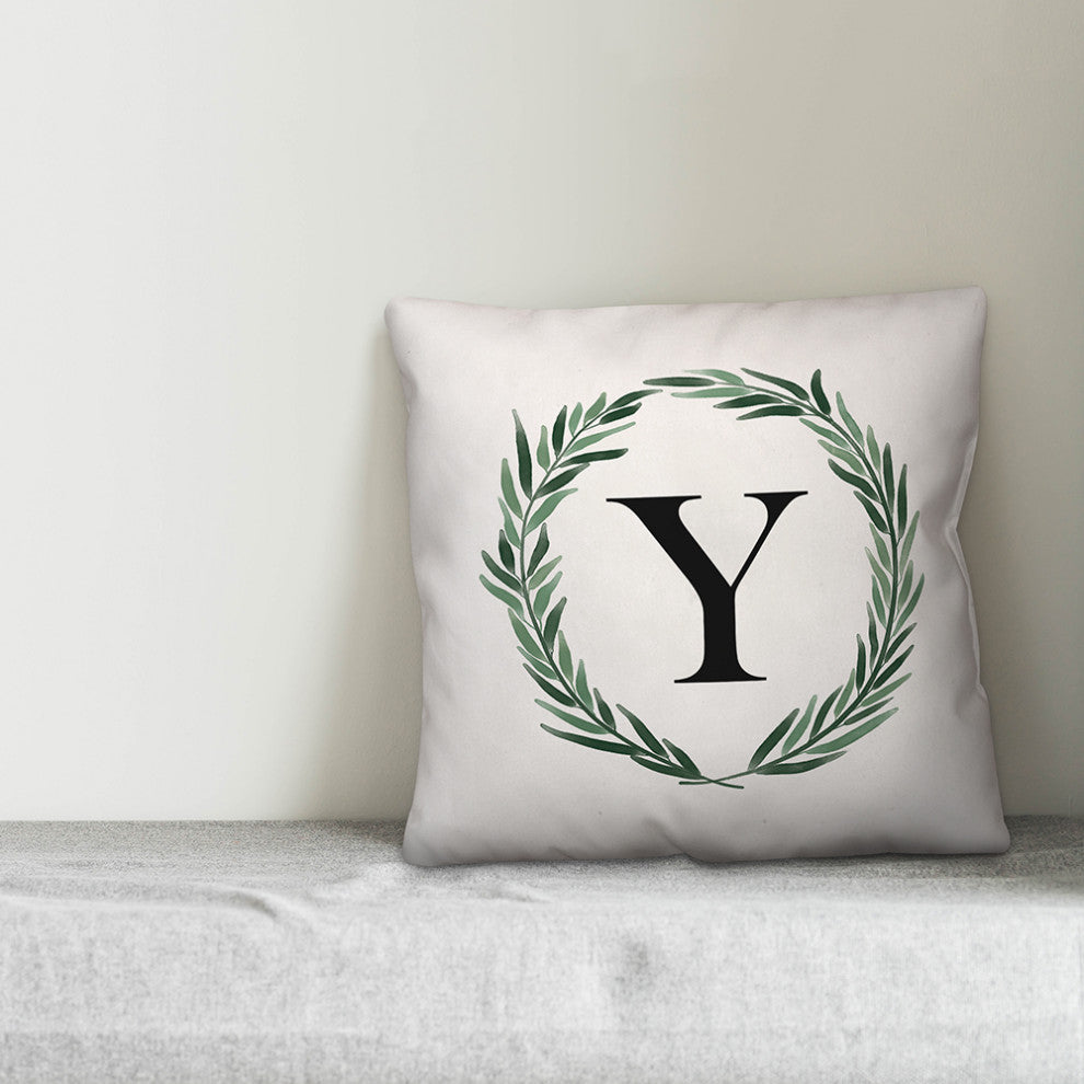 Watercolor Greenery Wreath Monogram Y 18x18 Spun Poly Pillow