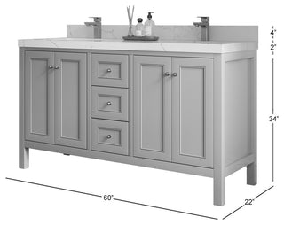 Nashville 60" Double Bathroom Vanity, White 2" White Quartz