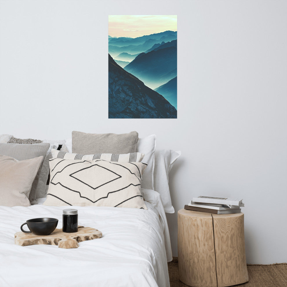 Misty Blue Silhouette Mountain Range Landscape Photo Unframed Wall Art Prints, 24" X 36"