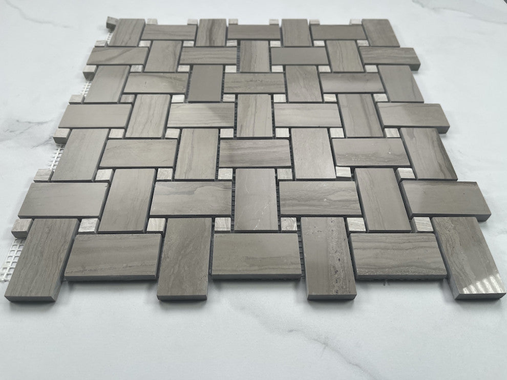 Basketweave Athens Grey Wooden Marble Mosaic Tile Haisa Dark Polished, 1 sheet