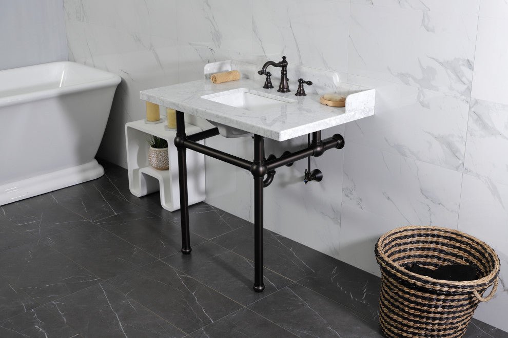 Kingston Brass LMS3630MBSQ5 36" Carrara Marble Console Sink, Legs