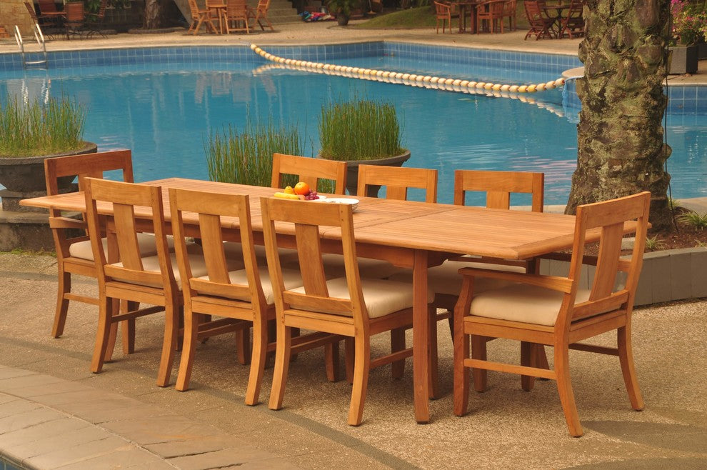 9-Piece Outdoor Teak Dining Set, 117" Extension Rectangle Table, 8 Osbo Chairs