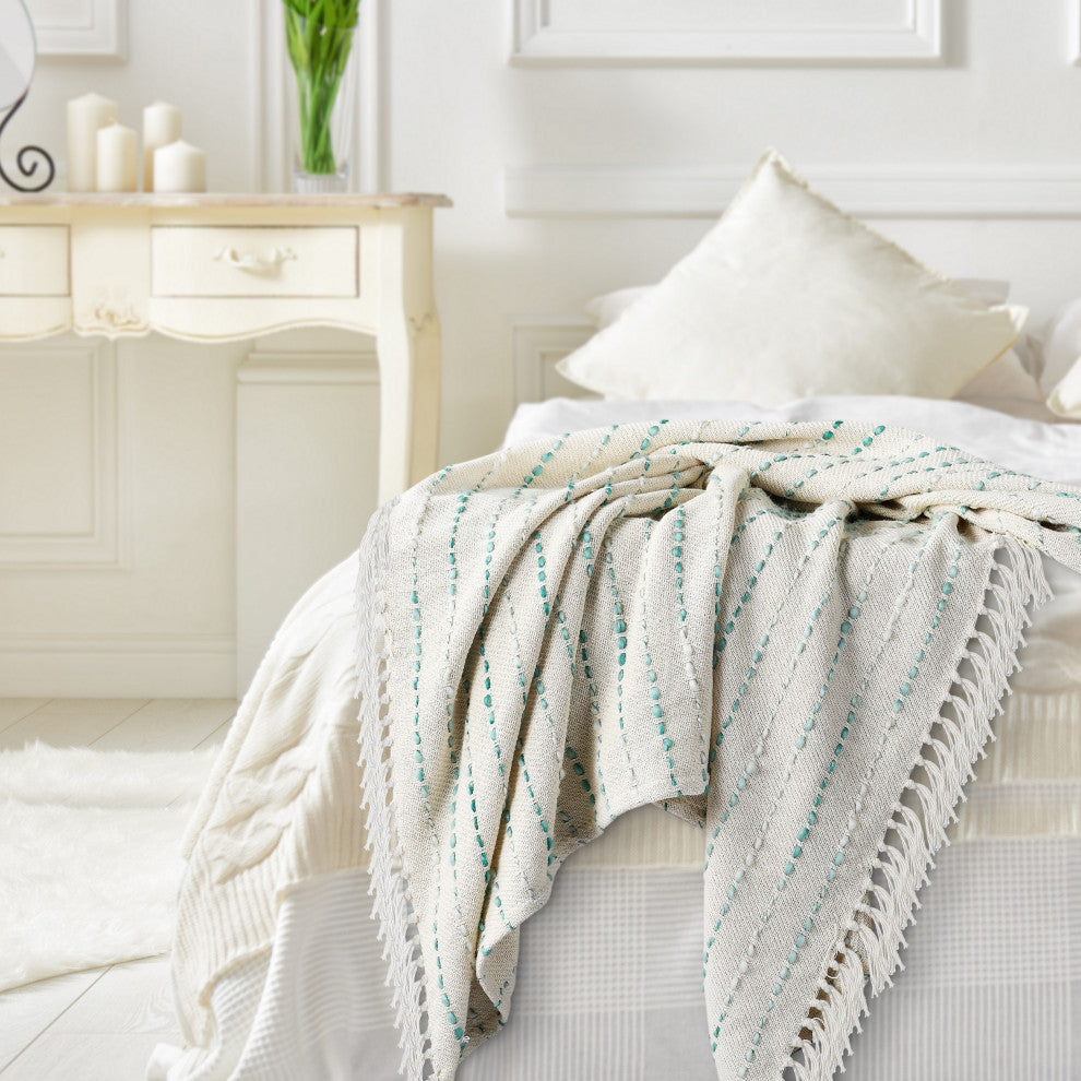 Shimmer Stripe Woven Throw Blanket with Fringe, Teal