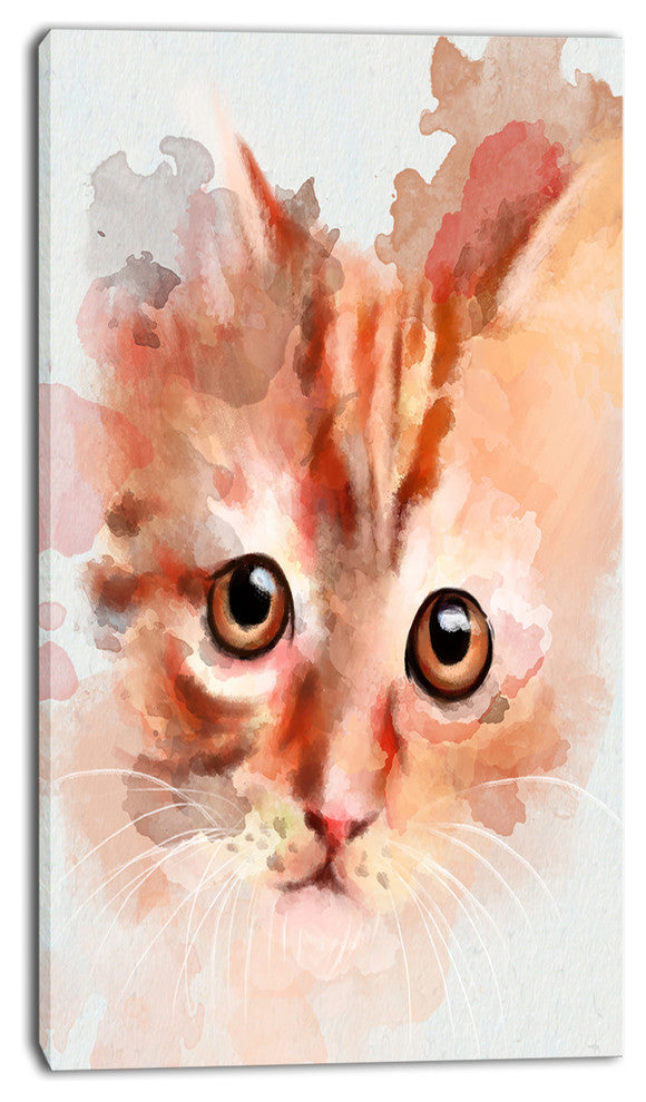 Red Watercolor Kitten Sketch, Animal Canvas Art Print, 16"x32"