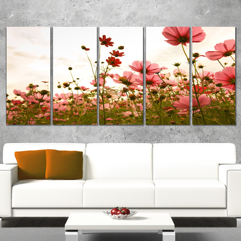 Beautiful Cosmos Flowers Garden, Floral Canvas Art Print, 60"x28", 5 Panels