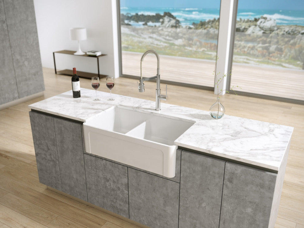 LaToscana Double-Bowl Reversible Fireclay Sink, White, 33"