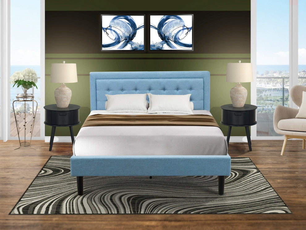 3Pc Platform Bed Set, 1 Bed, 2 Small Nightstands, Denim Blue