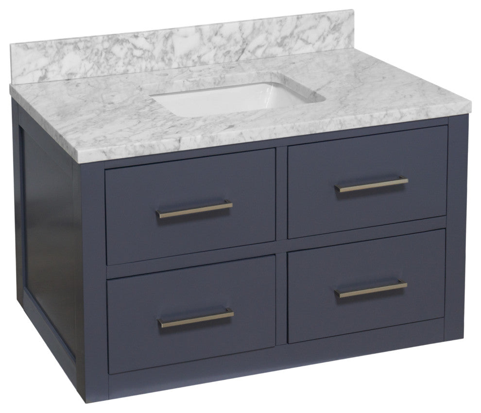 Helsinki 42" Floating Wall Mounted Bathroom Vanity, Marine Gray, Carrara Marble