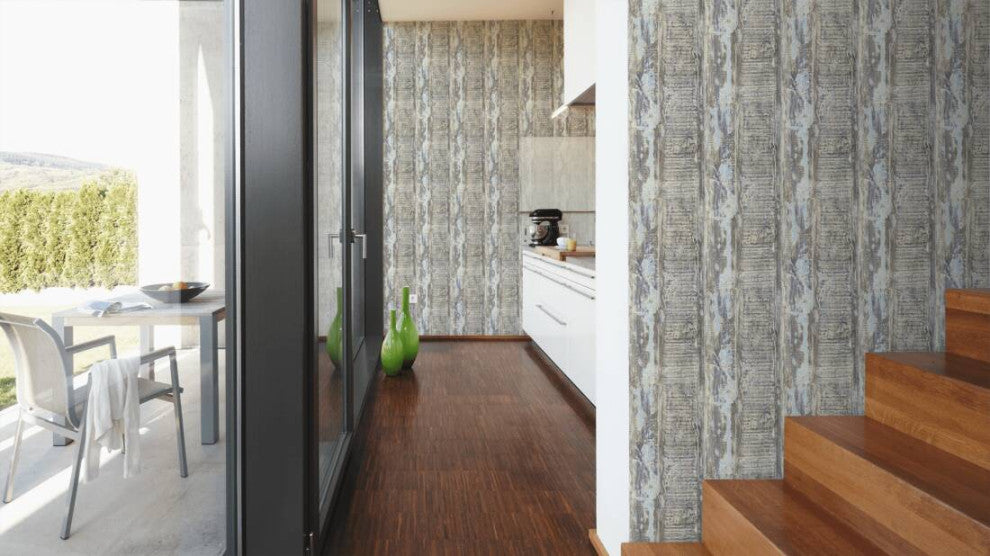 Faux Textured Wallpaper, Wooden Look, Beige Blue Brown, One Roll