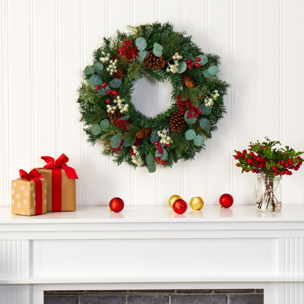 Nearly Natural 24ï¿½ Eucalyptus and Pine Wreath with Berries and Pine Cones