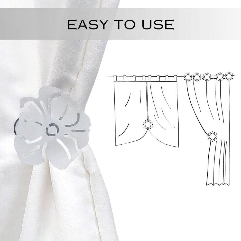 Set of 2 Metal Curtain Tiebacks "“ Elegant Poppy Flower Design Clip, White