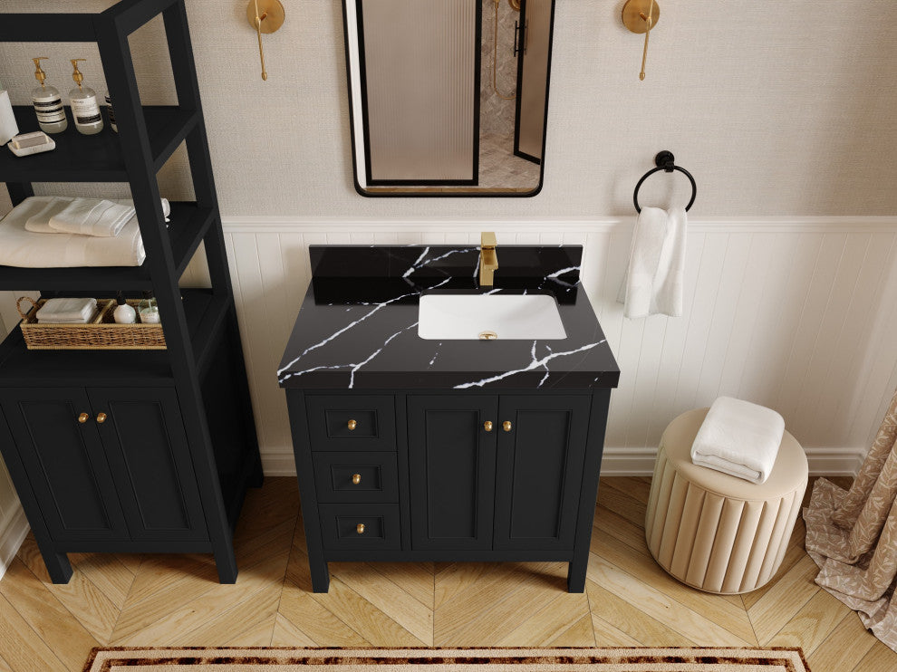 Nashville 36" Right Offset Bath Vanity, Black 2" Calacatta Black