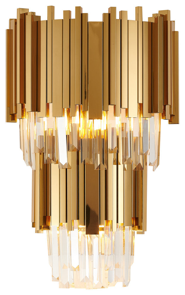 2-Tier Gold Rod Wall Sconce With Clear Crystals