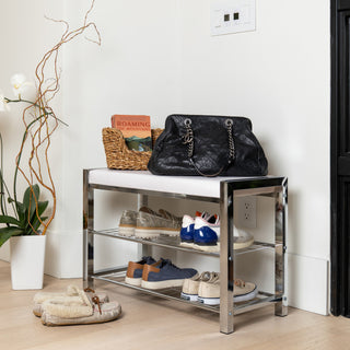 Danya B. Leatherette Entryway Bench with Two Metal Shoe Racks, White/Chrome