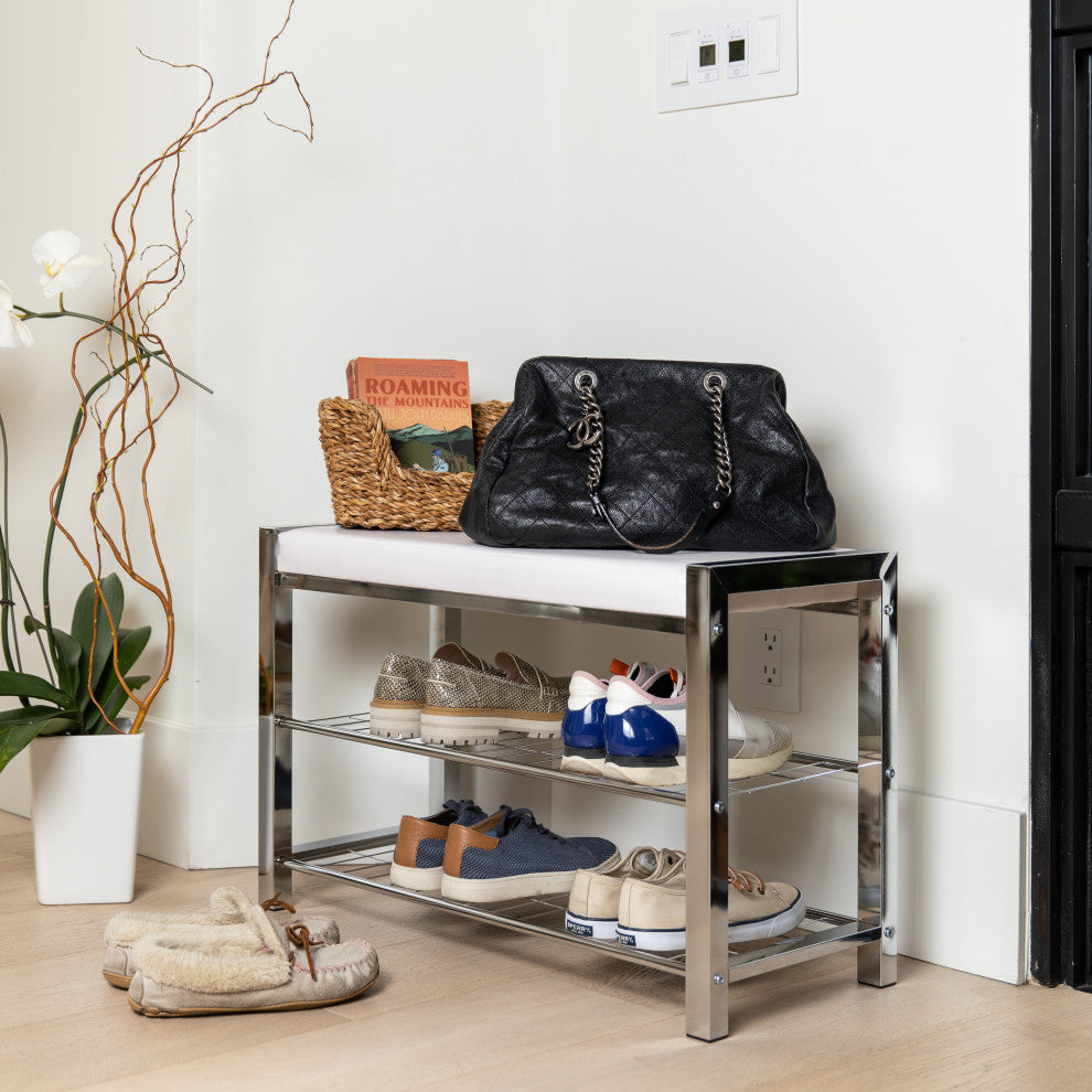 Danya B. Leatherette Entryway Bench with Two Metal Shoe Racks, White/Chrome