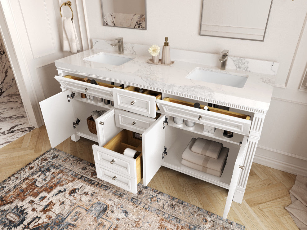 Paris 72" Double Sink Bathroom Vanity, White 2" Pearl Gray