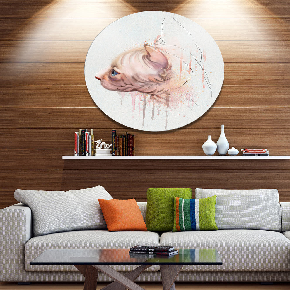 Cute Sphinx Watercolor Illustration, Animal Round Metal Wall Art, 23"