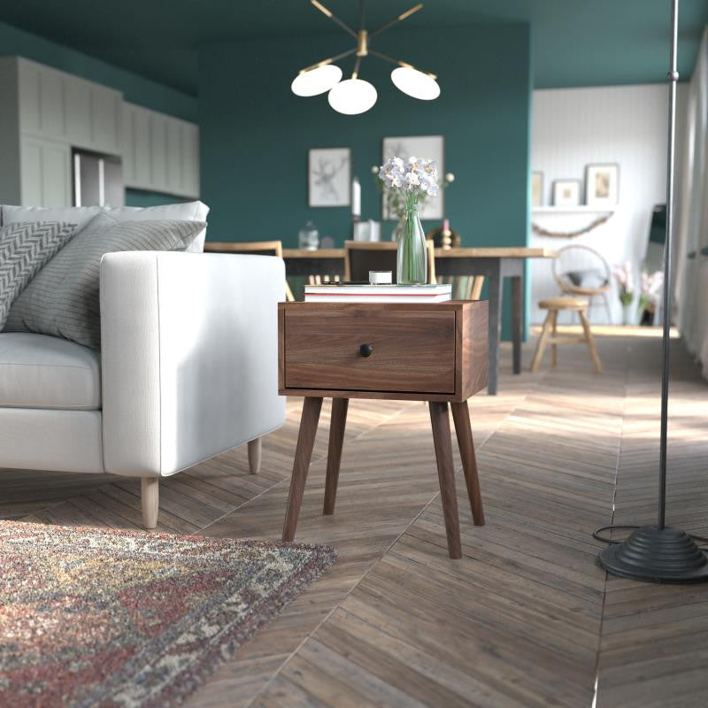 Hatfield One Drawer Wood Nightstand, Side Accent or End Table-Dark Walnut