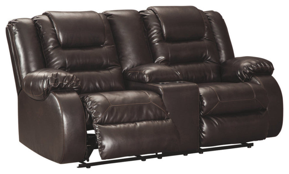 Benzara BM194828 Leatherette Metal Reclining Loveseat Lift Top Console, Brown