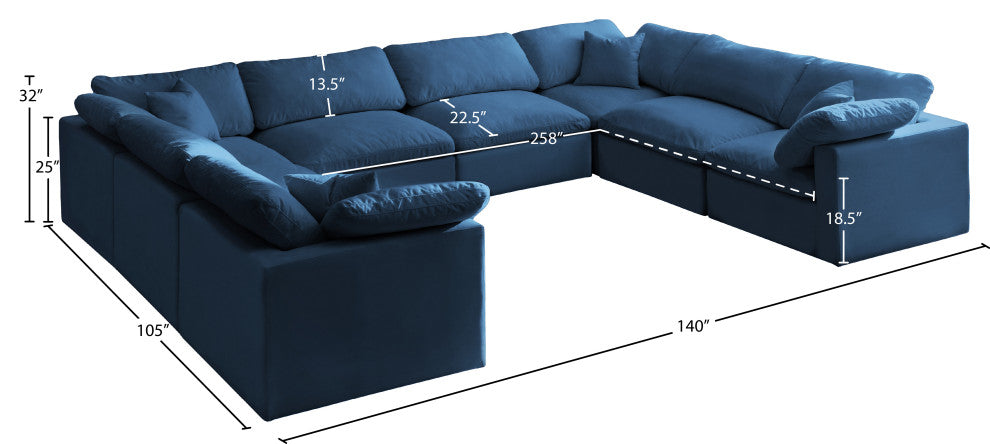 Plush Velvet / Down Standard Comfort 8-Piece U-Shaped Modular Sectional, Navy