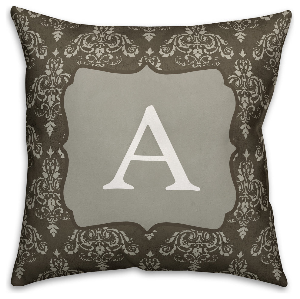 A Dark Gray Damask Monogram Spun Poly Pillow, 18x18
