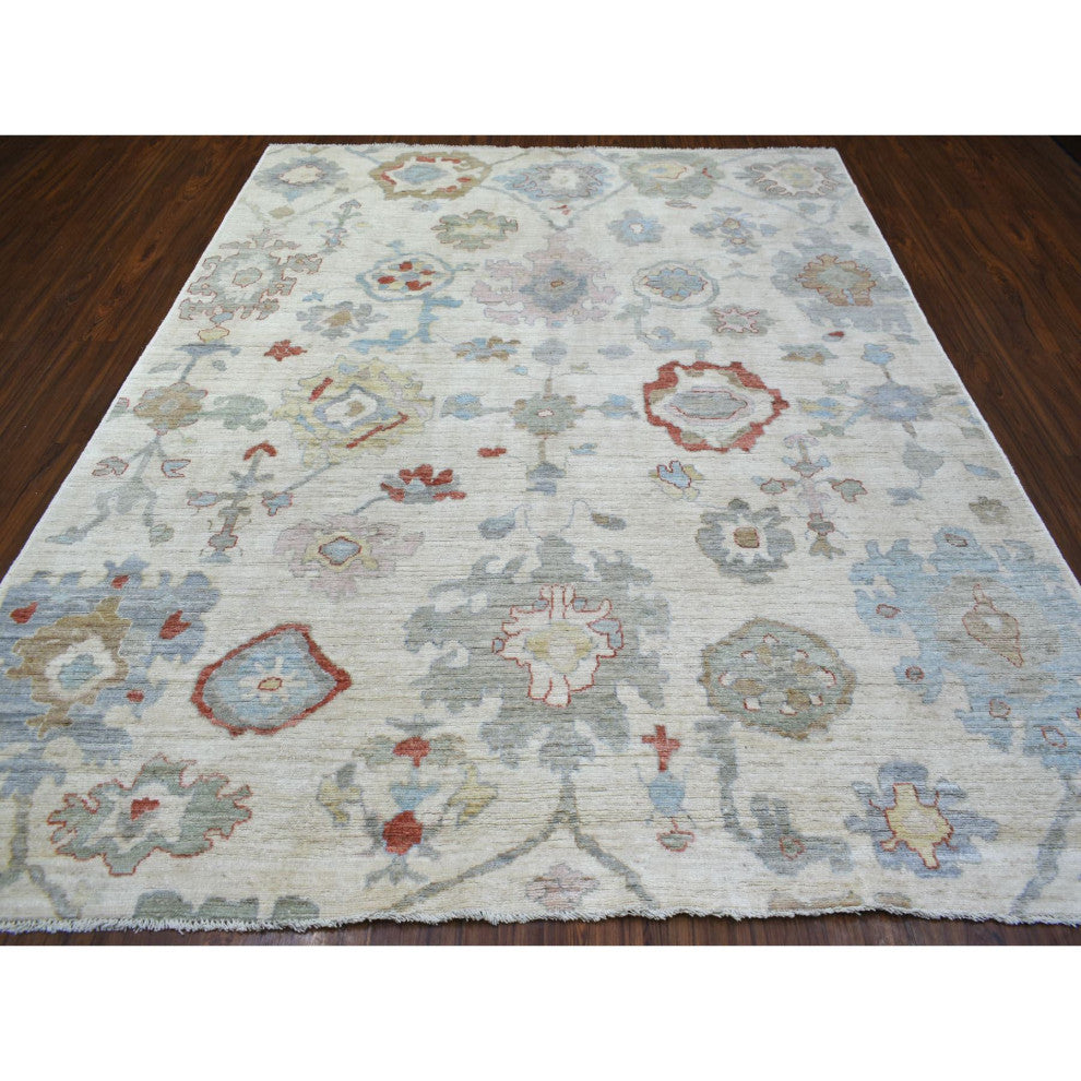 Ivory, Hand Knotted, Afghan Angora Oushak Pure Wool Oriental Rug, 8'1"x9'10"