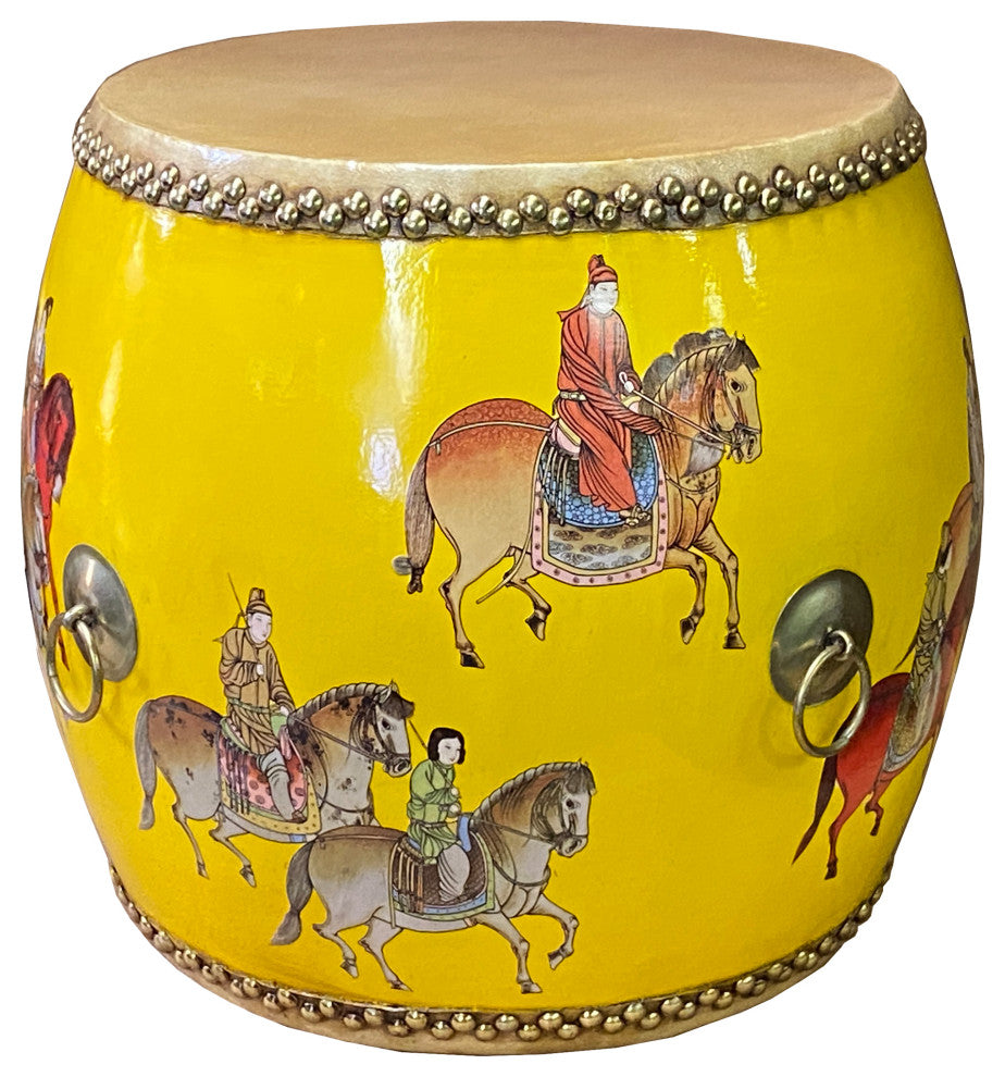 Handmade Small Round Low People Horses Graphic Drum Shape Table Hcs7415