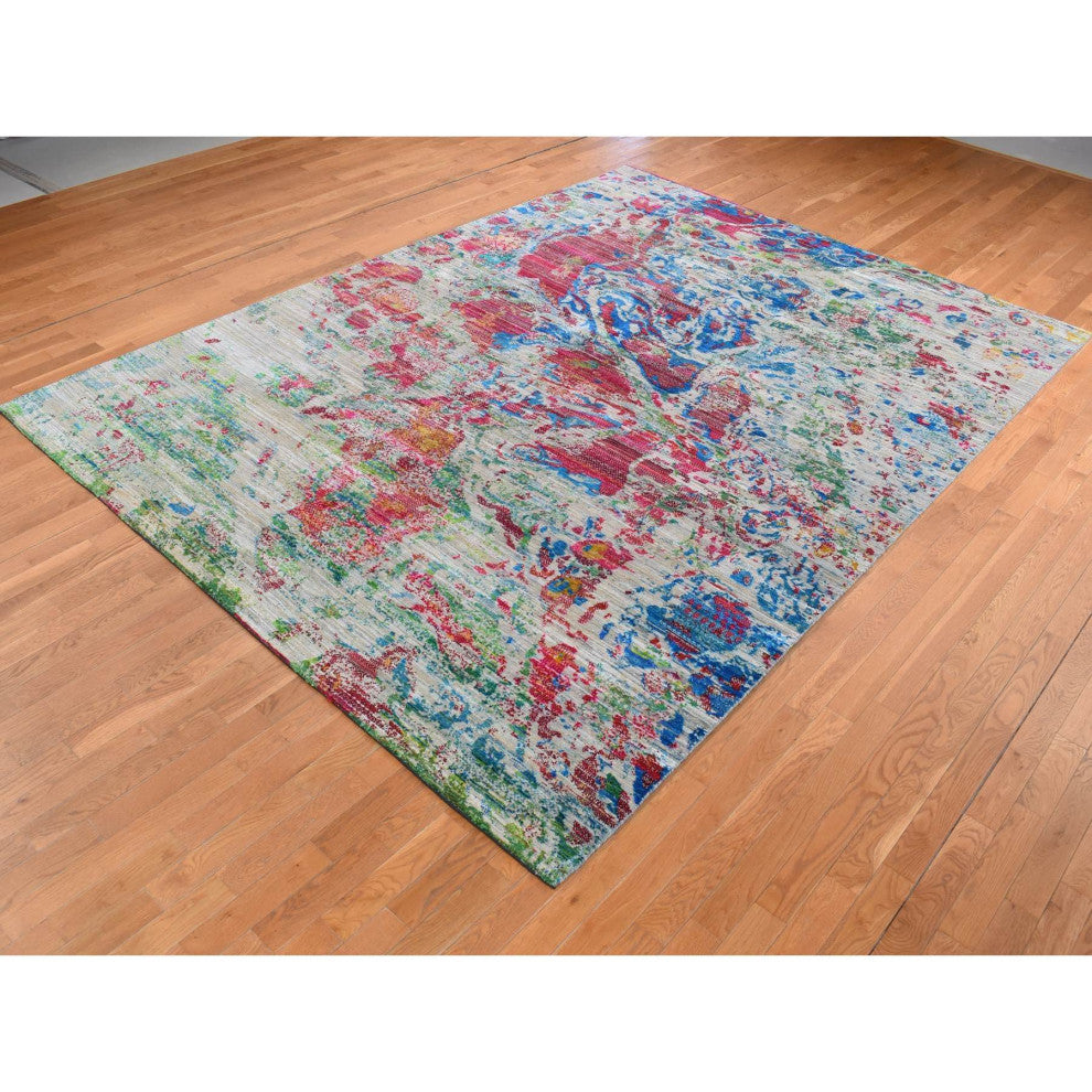 Cinereous Gray, Abstract Design, Silk With Wool, Hand Knotted Rug, 8'10"x12'2"
