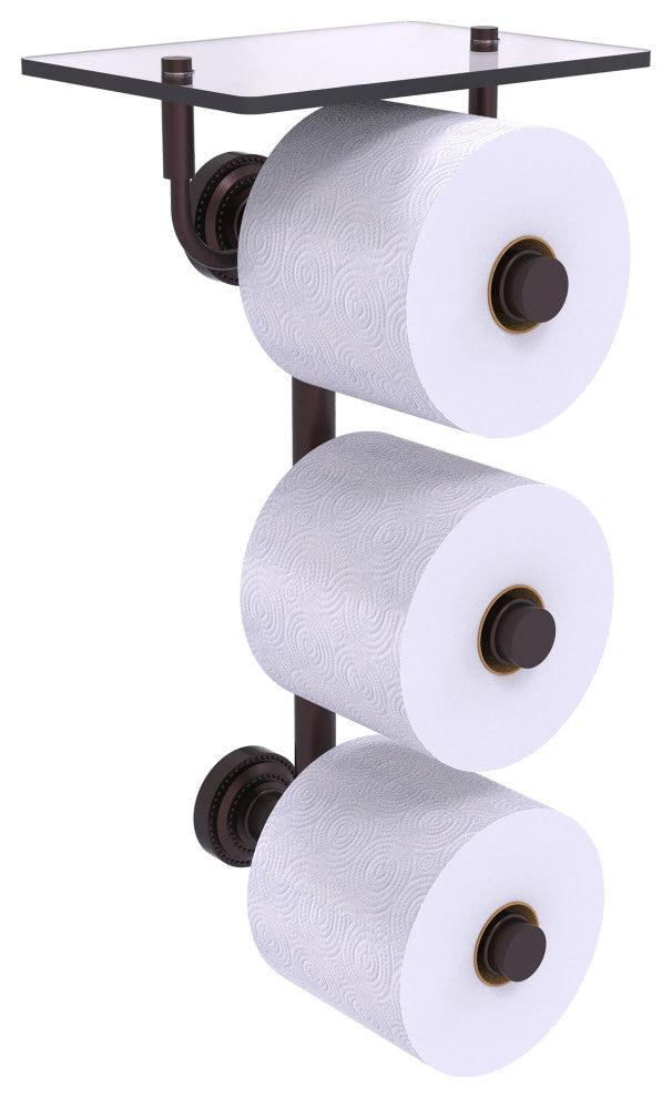 Allied Brass Dottingham 3 Roll Toilet Paper Holder, Glass Shelf, Antique Bronze