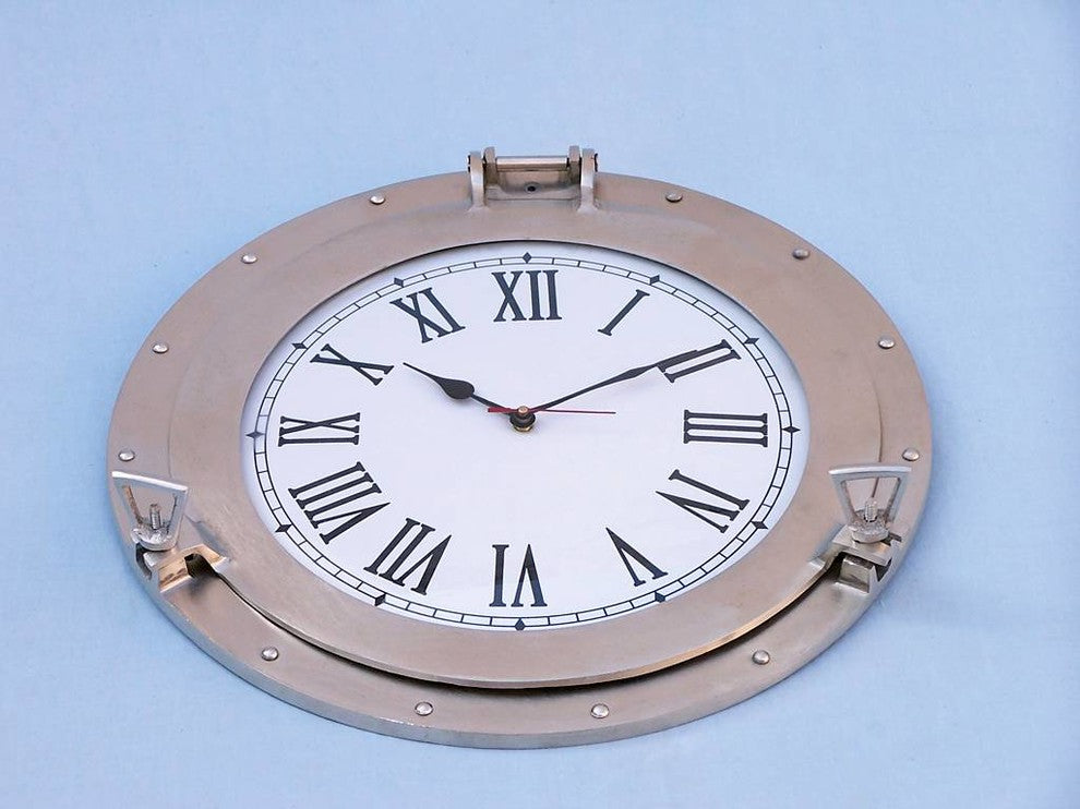 Brushed Nickel Deluxe Class Porthole Clock 17'', Nautical Wall Clock, Beach