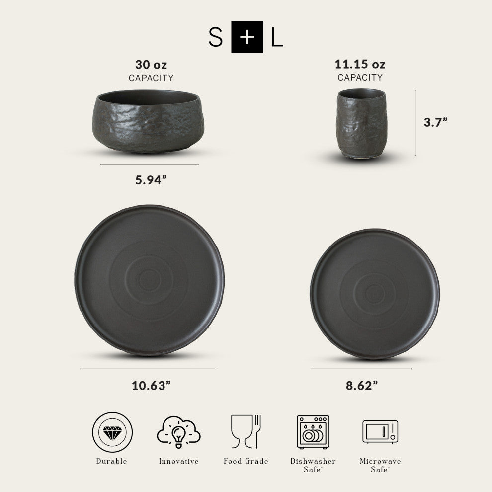 Stone by Mercer Project SHOSAI Stoneware 16 Piece Dinnerware Set, Black