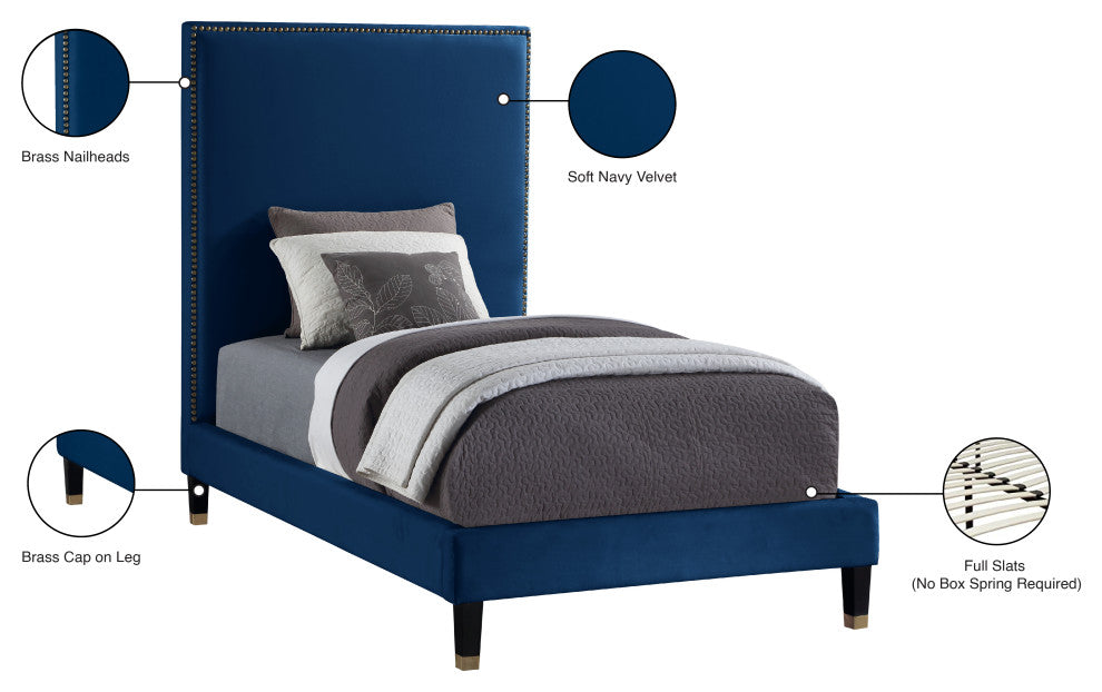 Harlie Velvet Upholstered Bed, Navy, Twin