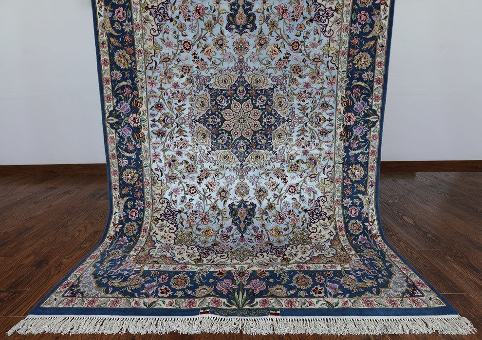 Signed Authentic Super Fine Persian Silk Isfahan Rug, 5'x8'