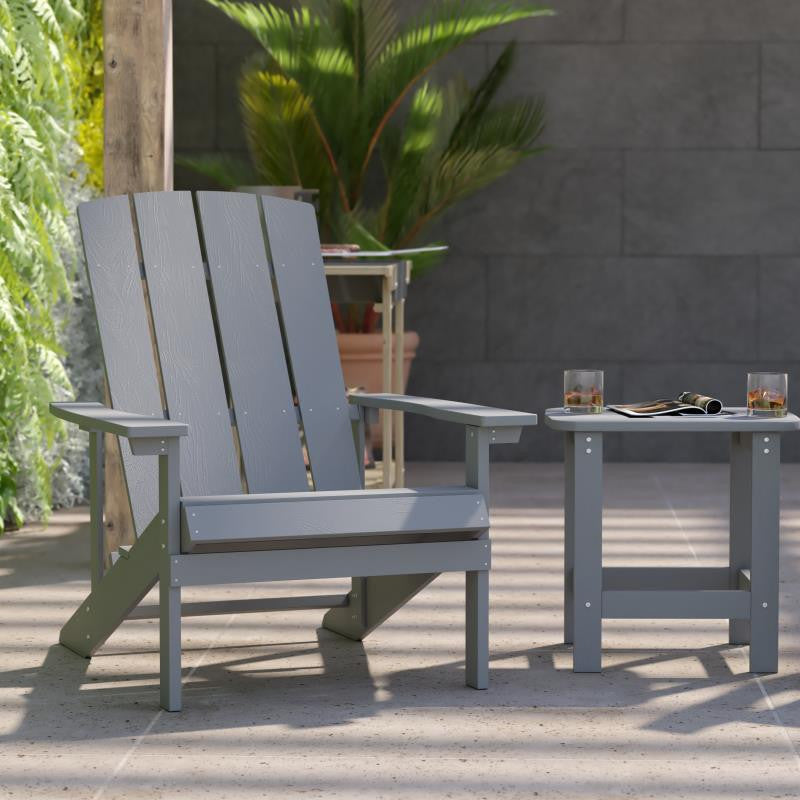 All-Weather Poly Resin Wood Adirondack Chairs With Side Table, Set of 2, Gray