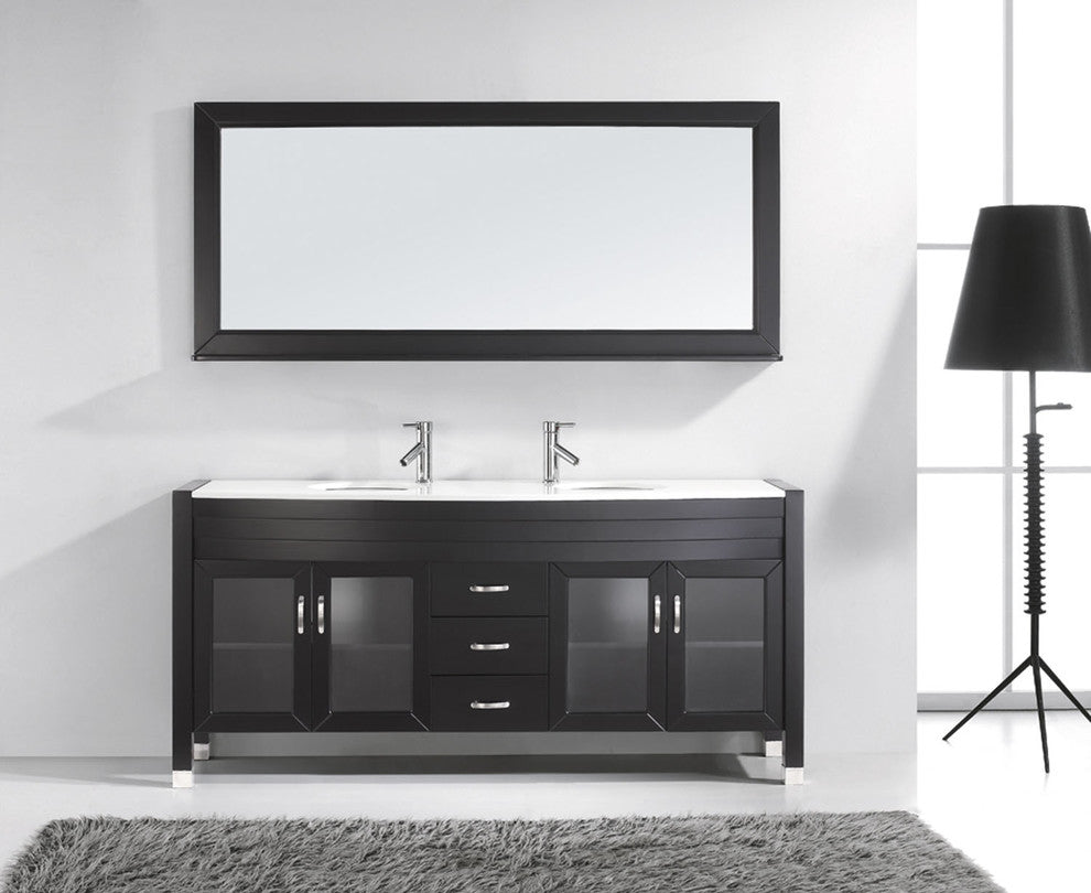 Virtu Ava 71" Double Bathroom Vanity, Espresso, Brushed Nickel Faucet, Mirror
