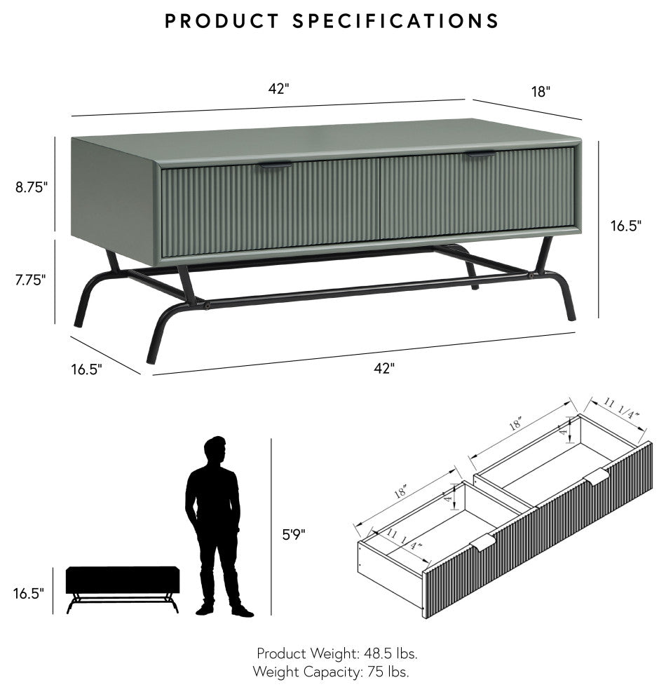 Danel 42 in. Rectangle Coffee Table With 2-Drawers and Metal Legs, White