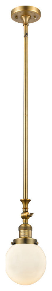 1-Light Beacon 6" Mini Pendant, Brushed Brass, Glass: Matte White Cased