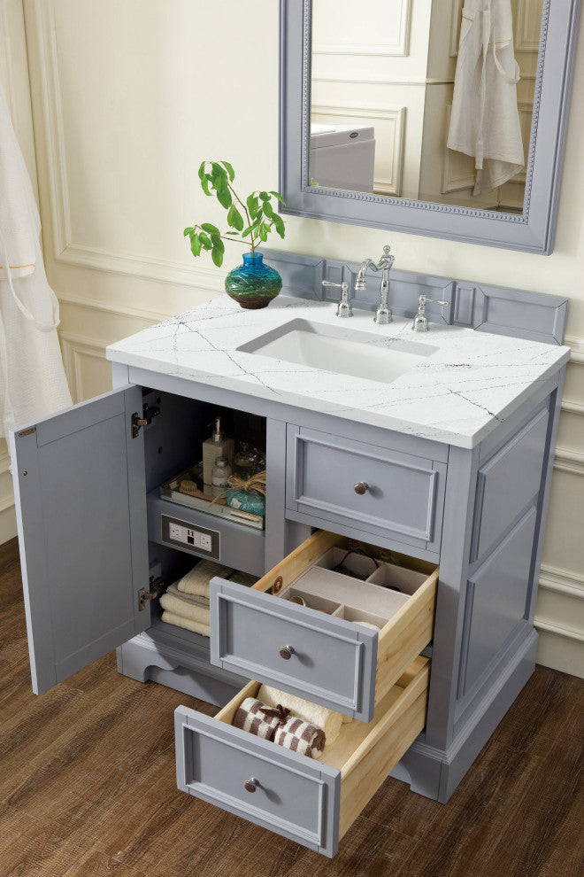 James Martin 825-V36-SL-3ENC De Soto 36" Single Vanity Silver Gray w/ Quartz To