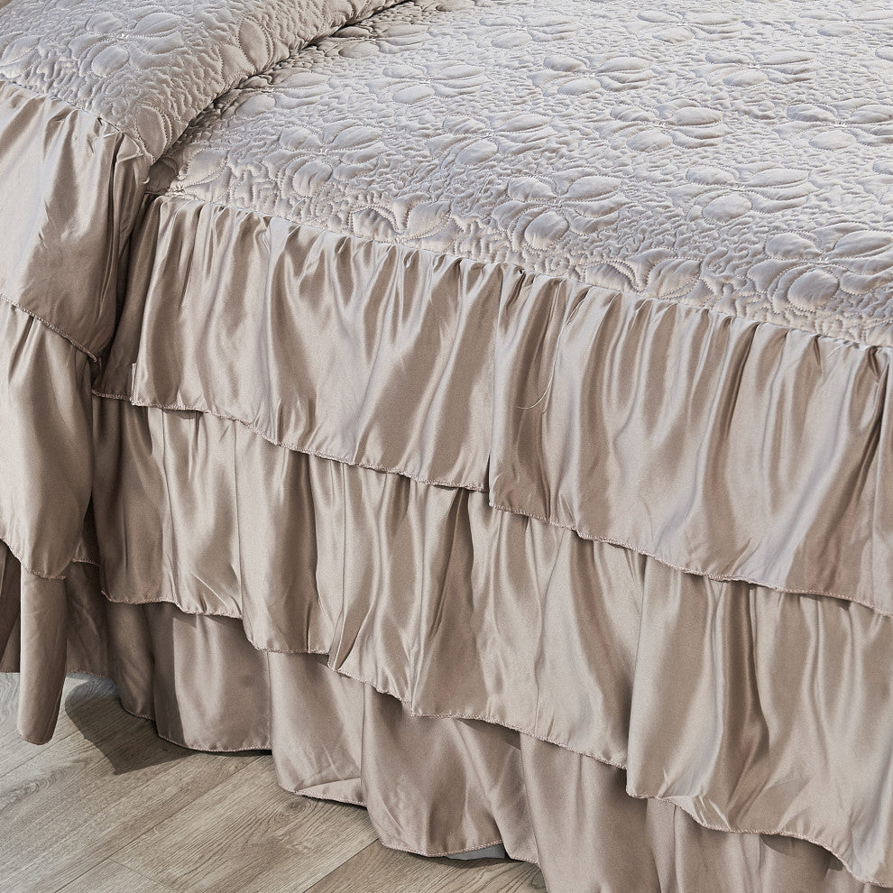 Matte Satin Ruffle 4 Piece Bed Spread Set, Taupe, King