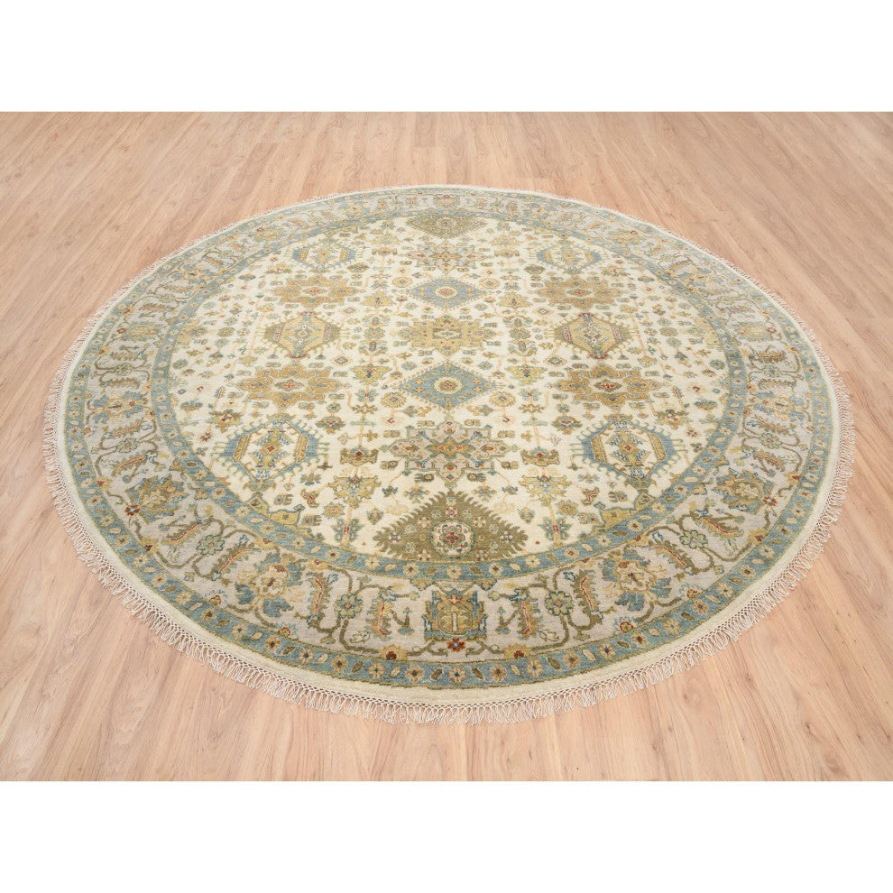 Ivory, Hand Knotted, Karjihooz Design, Wool, Round Rug, 8'10" x 8'10"