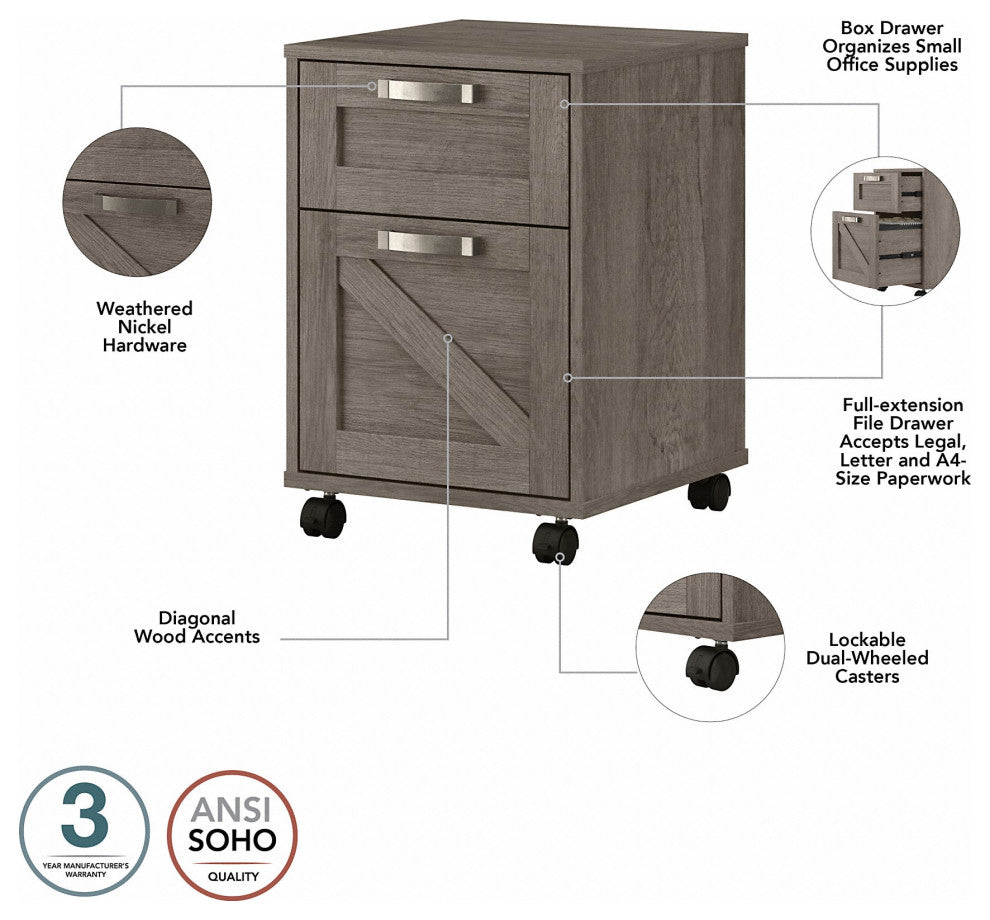kathy ireland Home Cottage Grove 2 Drawer Mobile File Cabinet, Restored Gray