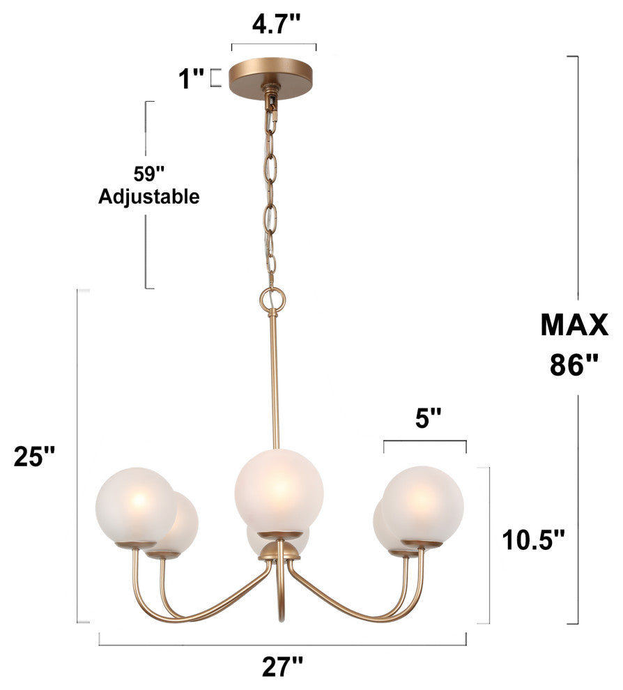 LALUZ 6-Light 27" Gold and Frosted Glass Mid Century Globe Chandelier